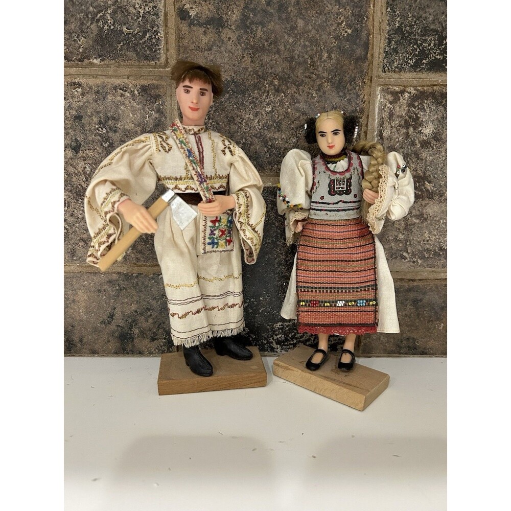 Souvenir Doll Arta Crisana Romania National Dress Beads Leather Tapestry 8in Vtg